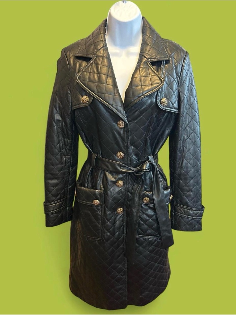 90’s Black genuine Italian lambskin quilted leather belted trench. Bella Pelle.